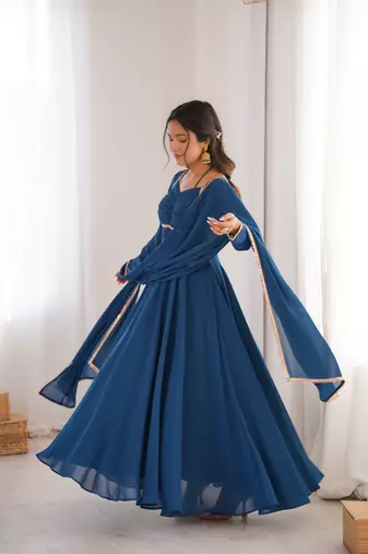 blue faux georgette yoke embroidery gown