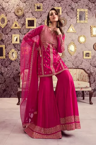 Women's Beautiful Embroidery Work Chanderi Silk Fabric Straight Kurta Palazzo and Dupatta Set