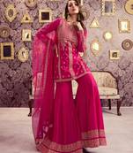 Women's Beautiful Embroidery Work Chanderi Silk Fabric Straight Kurta Palazzo and Dupatta Set