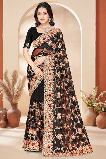 Black heavy resham sequin embroidered work net saree sari for women