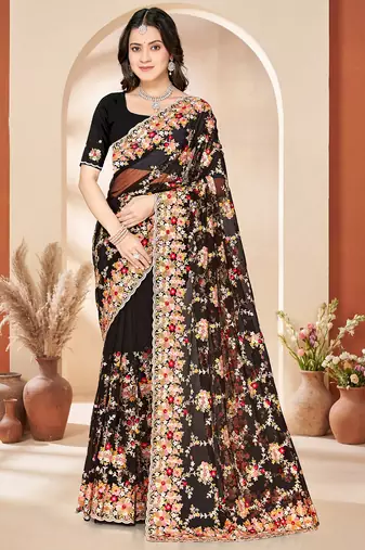 Black heavy resham sequin embroidered work net saree sari for women