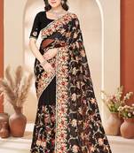 Black heavy resham sequin embroidered work net saree sari for women