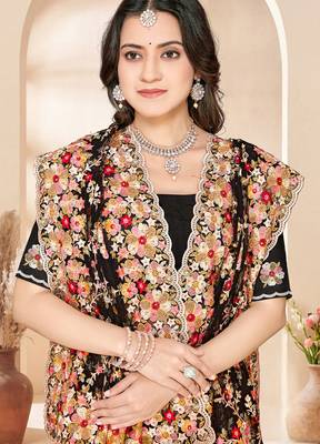 Black heavy resham sequin embroidered work net saree sari for women 2