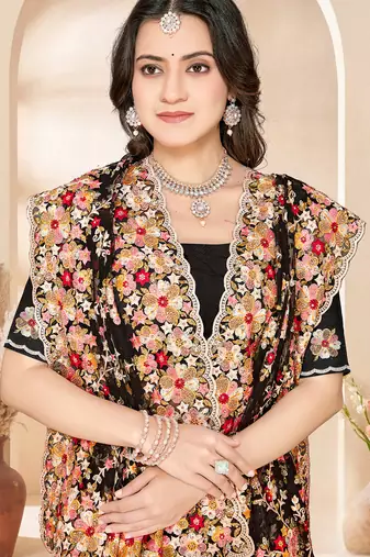 Black heavy resham sequin embroidered work net saree sari for women