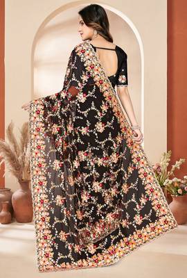 Black heavy resham sequin embroidered work net saree sari for women 3