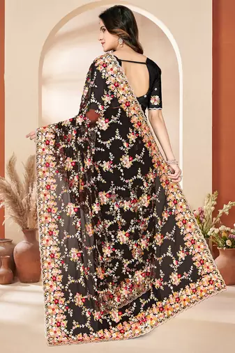 Black heavy resham sequin embroidered work net saree sari for women