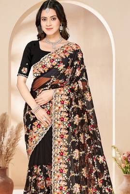 Black heavy resham sequin embroidered work net saree sari for women 4