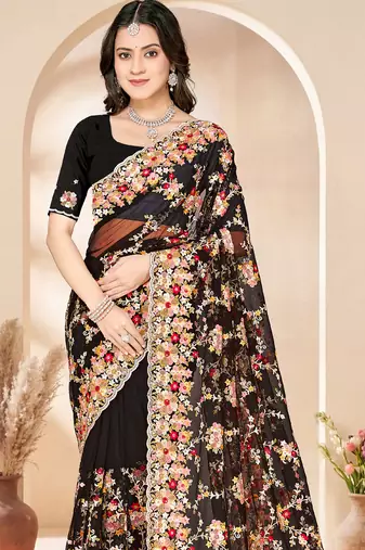 Black heavy resham sequin embroidered work net saree sari for women