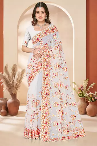 White heavy resham sequin embroidered work net saree sari for women