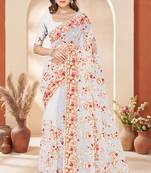 White heavy resham sequin embroidered work net saree sari for women
