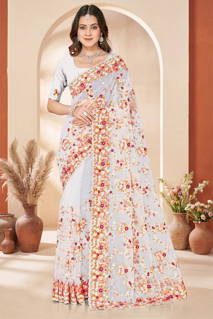 White heavy resham sequin embroidered work net saree sari for women