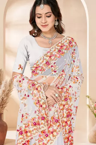 White heavy resham sequin embroidered work net saree sari for women