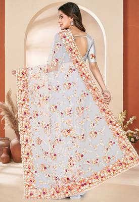 White heavy resham sequin embroidered work net saree sari for women 3