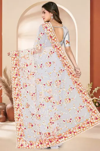 White heavy resham sequin embroidered work net saree sari for women