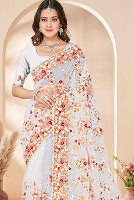 White heavy resham sequin embroidered work net saree sari for women 4