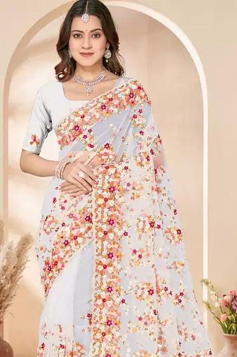 White heavy resham sequin embroidered work net saree sari for women