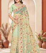 Green heavy resham sequin embroidered work net saree sari for women