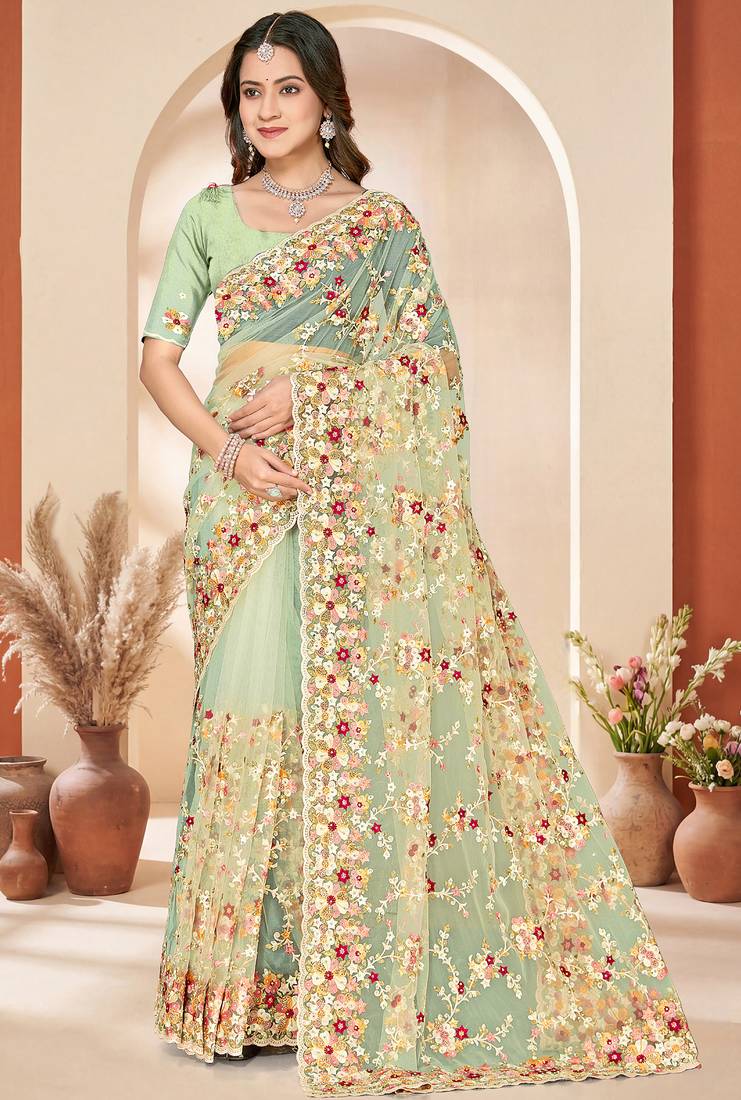 Green heavy resham sequin embroidered work net saree sari for women