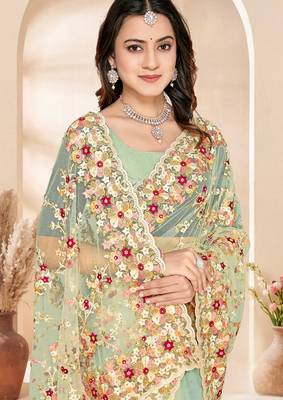 Green heavy resham sequin embroidered work net saree sari for women 2