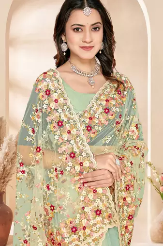 Green heavy resham sequin embroidered work net saree sari for women