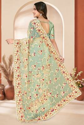 Green heavy resham sequin embroidered work net saree sari for women 3