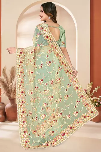 Green heavy resham sequin embroidered work net saree sari for women