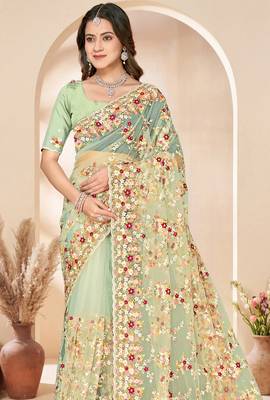 Green heavy resham sequin embroidered work net saree sari for women 4