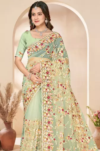 Green heavy resham sequin embroidered work net saree sari for women