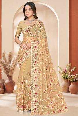 Mustard heavy resham sequin embroidered work net saree sari for women 1