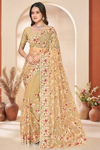 Mustard heavy resham sequin embroidered work net saree sari for women