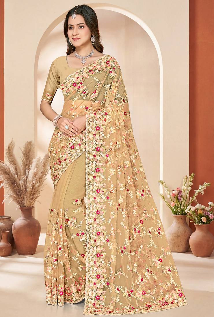 Mustard heavy resham sequin embroidered work net saree sari for women