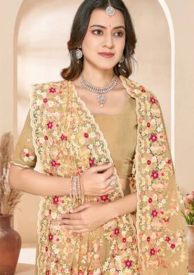 Mustard heavy resham sequin embroidered work net saree sari for women 2