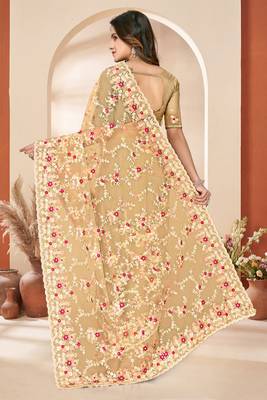 Mustard heavy resham sequin embroidered work net saree sari for women 3