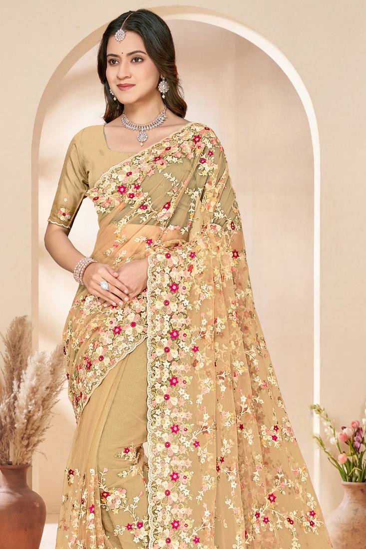 Mustard heavy resham sequin embroidered work net saree sari for women