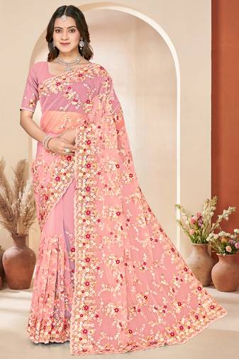 Peach heavy resham sequin embroidered work net saree sari for women