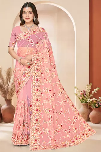 Peach heavy resham sequin embroidered work net saree sari for women
