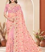 Peach heavy resham sequin embroidered work net saree sari for women