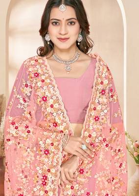 Peach heavy resham sequin embroidered work net saree sari for women 2