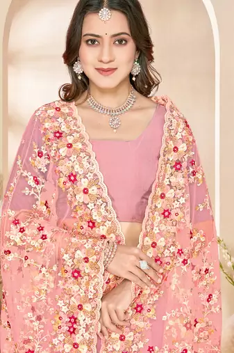 Peach heavy resham sequin embroidered work net saree sari for women