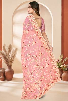 Peach heavy resham sequin embroidered work net saree sari for women 3