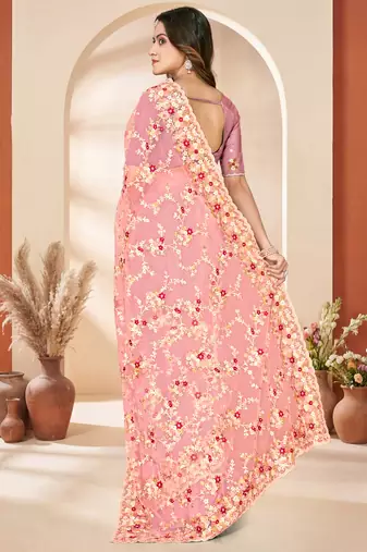 Peach heavy resham sequin embroidered work net saree sari for women