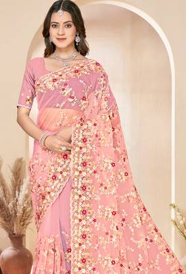 Peach heavy resham sequin embroidered work net saree sari for women 4