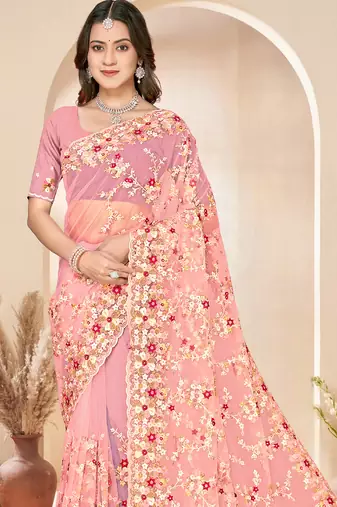 Peach heavy resham sequin embroidered work net saree sari for women