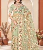 Green heavy resham sequin embroidered work net saree sari for women