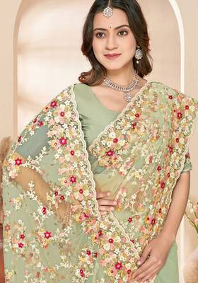 Green heavy resham sequin embroidered work net saree sari for women 2