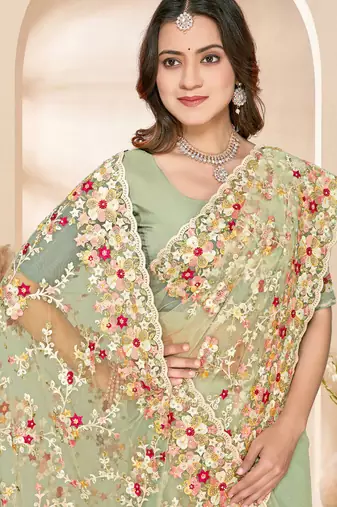 Green heavy resham sequin embroidered work net saree sari for women