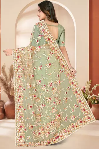 Green heavy resham sequin embroidered work net saree sari for women