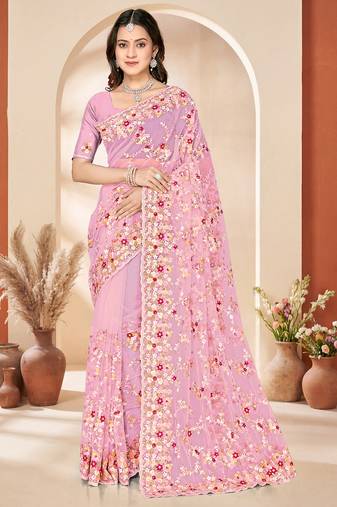Pink heavy resham sequin embroidered work net saree sari for women