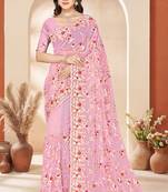 Pink heavy resham sequin embroidered work net saree sari for women