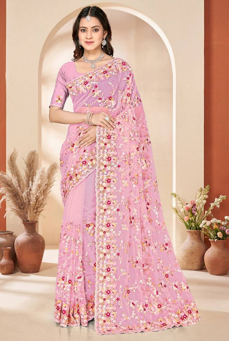 Pink heavy resham sequin embroidered work net saree sari for women